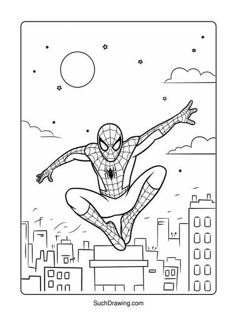 Spider-man leaping over city buildings under a moonlit sky, ready for action