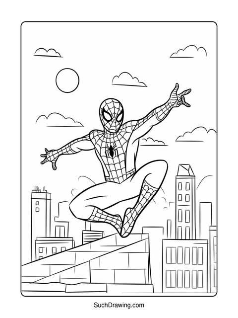 Spider-man leaping over city buildings, depicted in a coloring book style