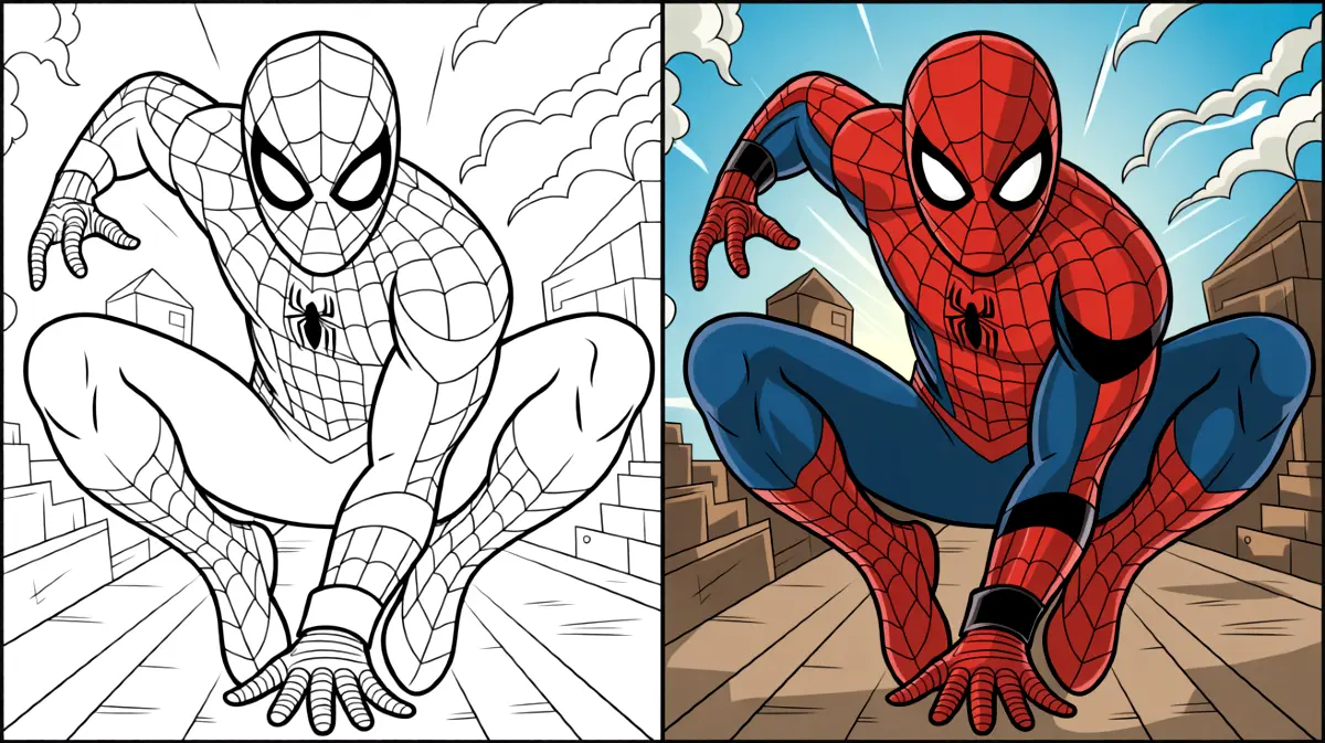Spider-man in action, a coloring page and a colored version side-by-side