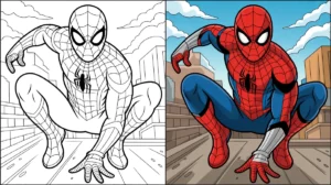 Spiderman coloring page: a crouching spiderman, half colored, half outline