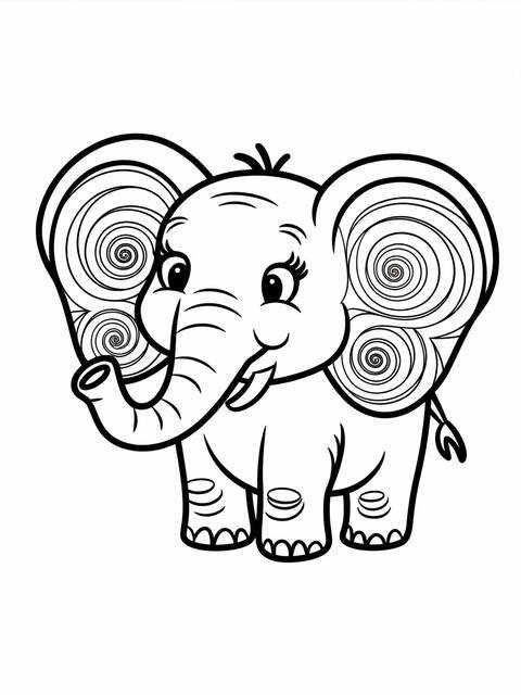 A happy elephant coloring page with spiral designs in its ears