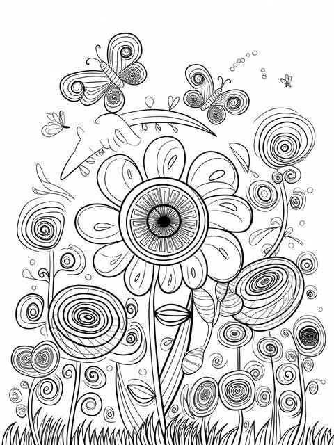 Spiroglyphics garden scene coloring page with flowers, butterflies, and other garden elements
