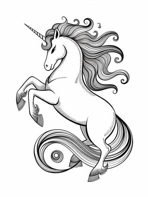 Majestic unicorn with flowing mane and tail, ready for coloring, a spiroglyphics design