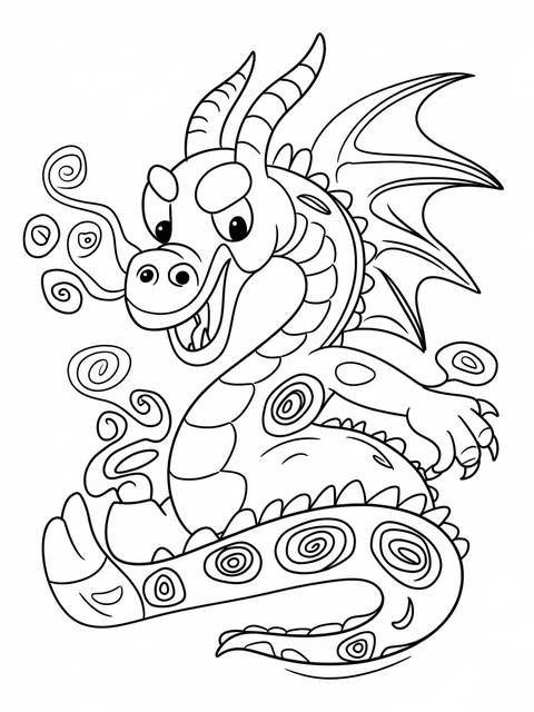 Spiroglyphics coloring page: a playful dragon with spirals and horns, ready to color