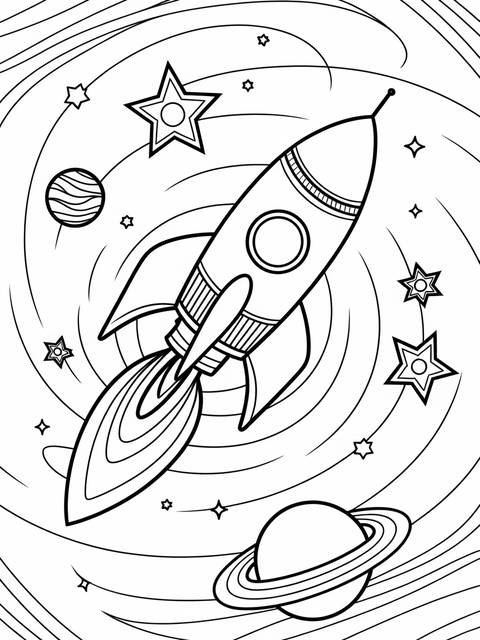 Black and white spiroglyphics coloring page featuring a spiraling rocket ship and stars