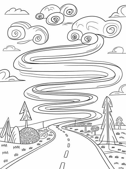 A spiroglyphics coloring page featuring a winding road with spiral clouds and landscape