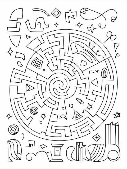 Spiroglyphics coloring page: intricate spiral maze with various geometric shapes and stars