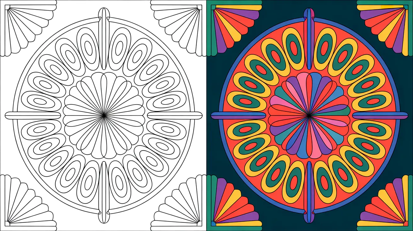 Spiroglyphics coloring page featuring a two-panel design with symmetrical, circular patterns