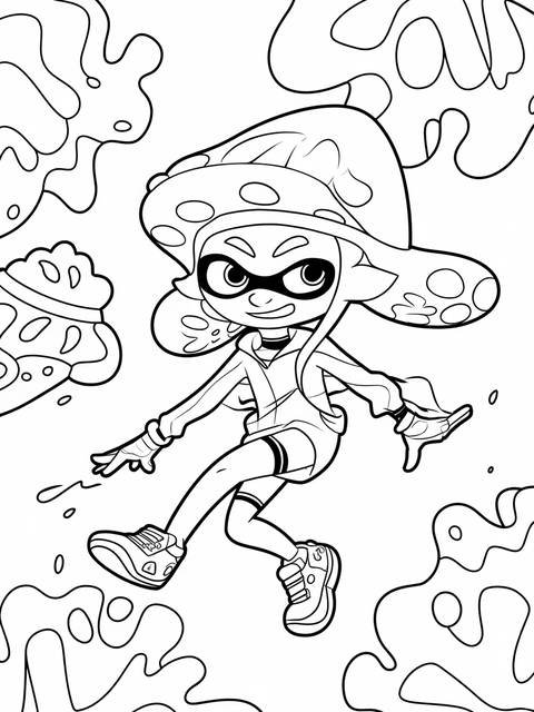 Line art of a splatoon character wearing a squid-themed hat, in action