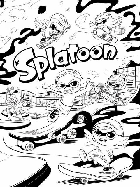 Splatoon-themed skate park coloring page featuring characters skateboarding and performing tricks