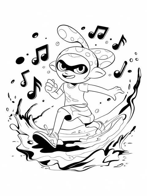 Splatoon inkling character running through ink with musical notes surrounding them