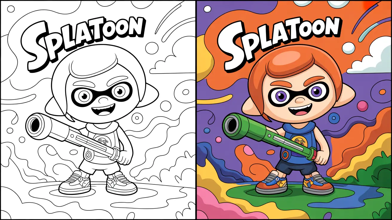 Splatoon coloring page featuring an inkling character with a weapon, in two panels