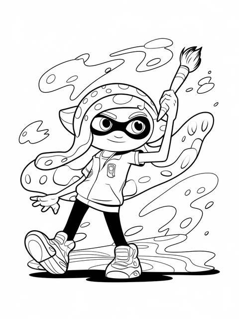 Line art of a splatoon octopus character holding a paintbrush, ready to paint