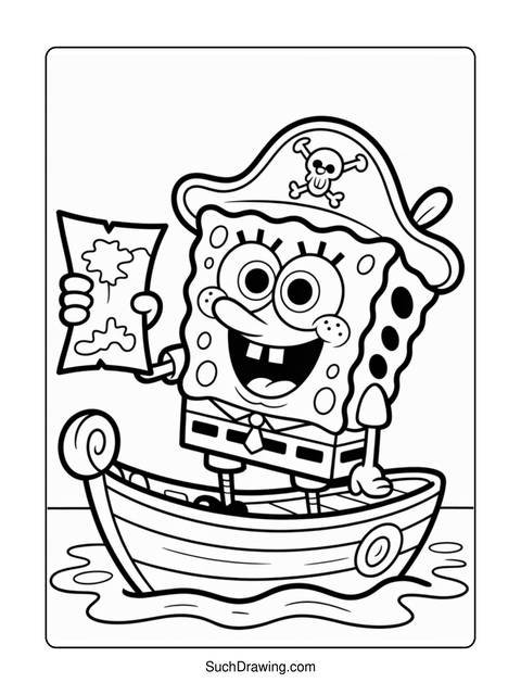 Spongebob squarepants dressed as a pirate holding a map in a boat