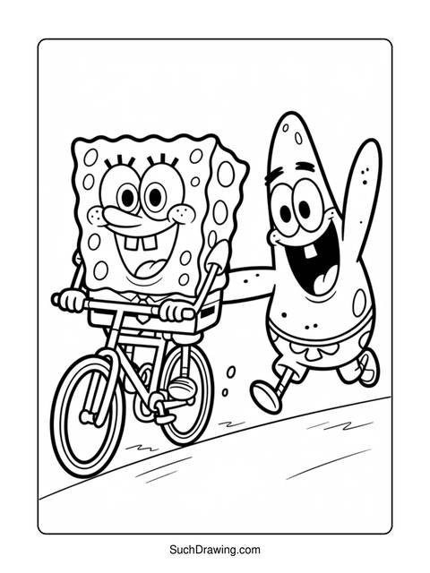Spongebob riding a bicycle with patrick running alongside, both smiling