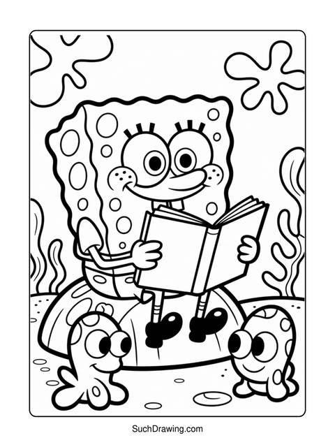 Spongebob squarepants reading a book with two small creatures nearby