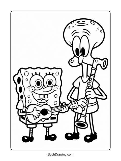 Black and white illustration of spongebob playing guitar and squidward with clarinet