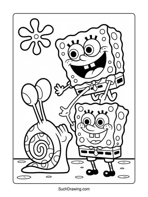 Black and white coloring page of spongebob squarepants and gary the snail
