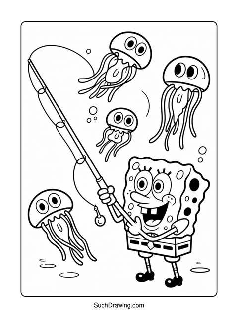 Spongebob fishing for jellyfish in a black and white coloring page