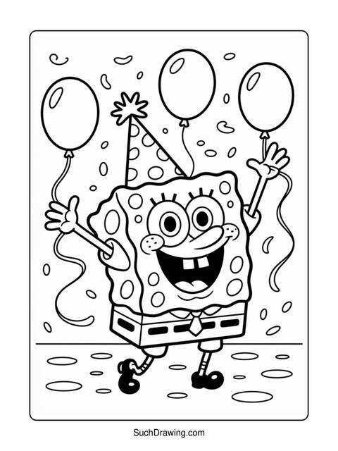 Spongebob squarepants celebrating with balloons and a party hat, ready to color