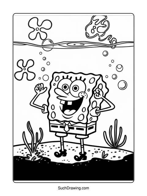 Black and white line art of spongebob squarepants underwater, smiling and waving