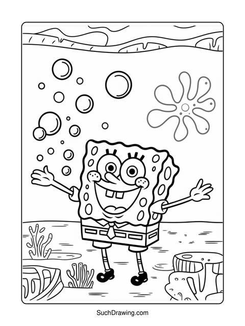 Line art of spongebob squarepants smiling underwater with bubbles and a splash