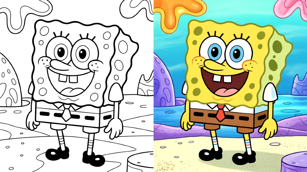 Spongebob squarepants, a yellow sponge character, in a coloring page and colored version