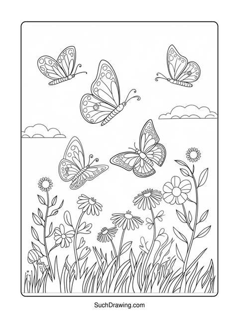 Line art coloring page featuring butterflies, flowers, and grass in a field