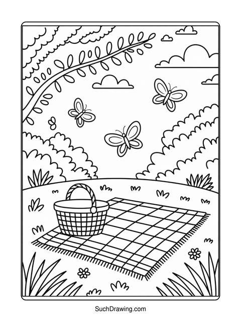 Black and white coloring page of a picnic scene with butterflies and a basket
