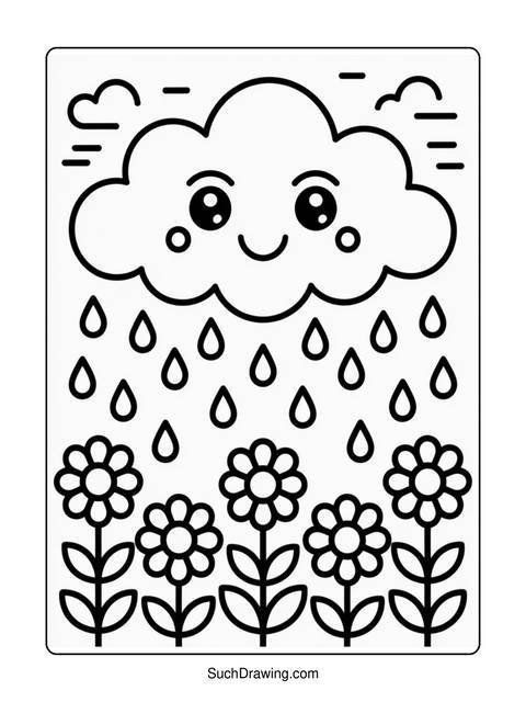 Black and white coloring page of a smiling cloud raining on flowers