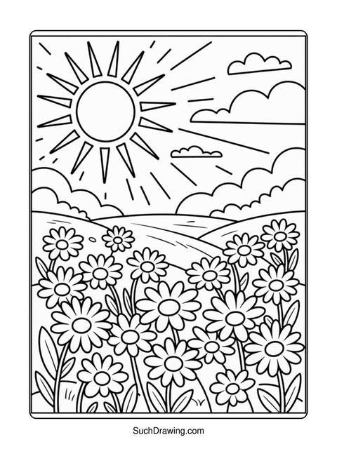 Black and white coloring page of a sunny landscape with flowers
