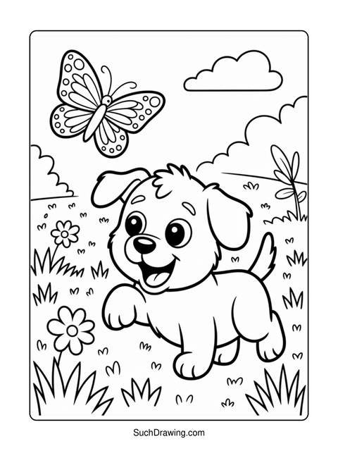 A happy puppy playing in a field with a butterfly and flowers