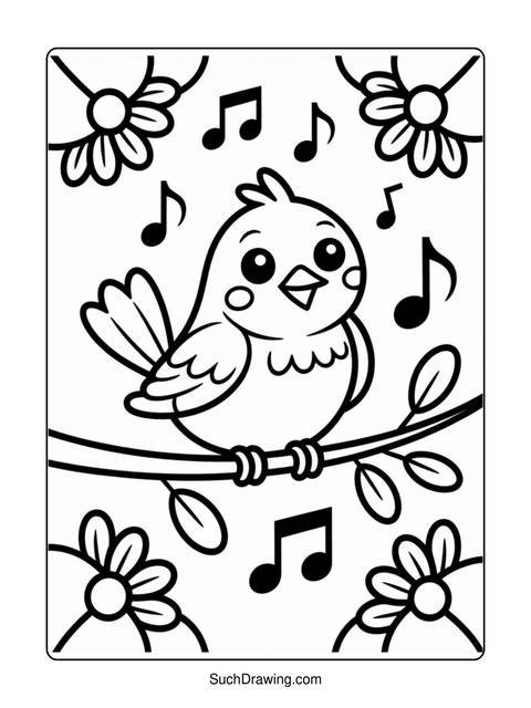 Black and white coloring page of a bird on a branch with musical notes