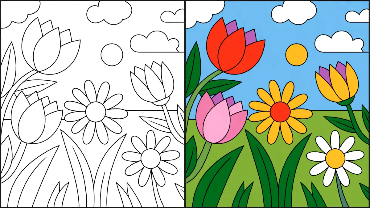 Spring coloring page with tulips, daisies, sun, and clouds in a garden scene
