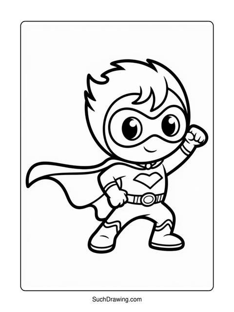 Black and white coloring page of a superhero with a cape and mask