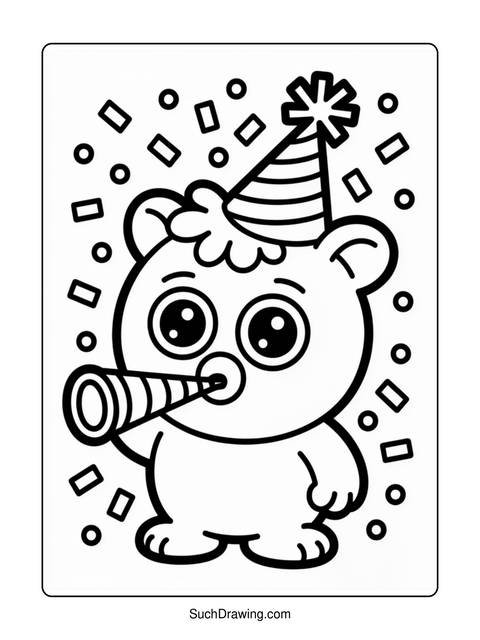 A cute bear wearing a party hat and blowing a party horn