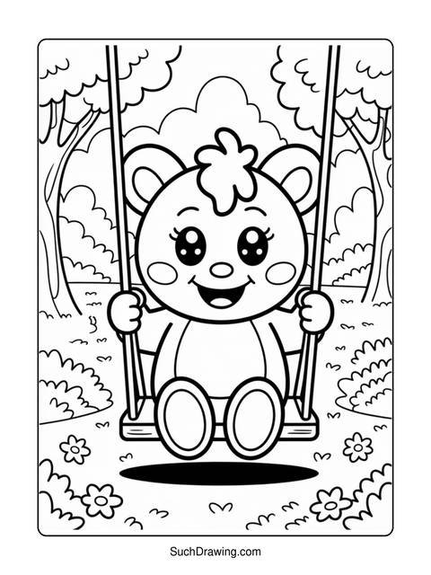 A cartoon bear on a swing in a park setting, ready for coloring