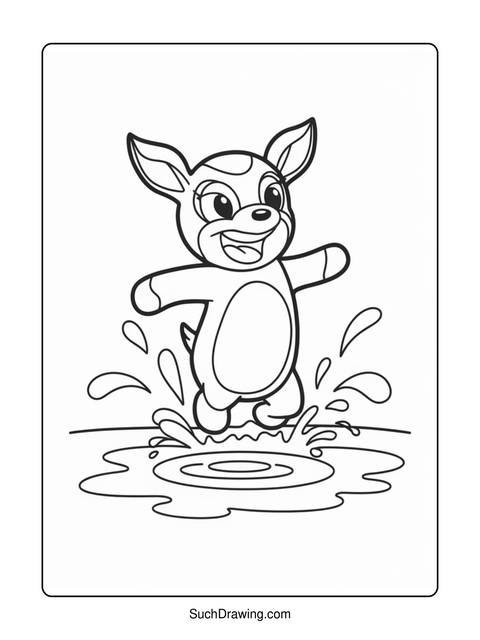 A cartoon deer jumping in a puddle, creating water splashes, a coloring page