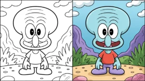 Squidward coloring page: a two-panel image showing the character in color and outline