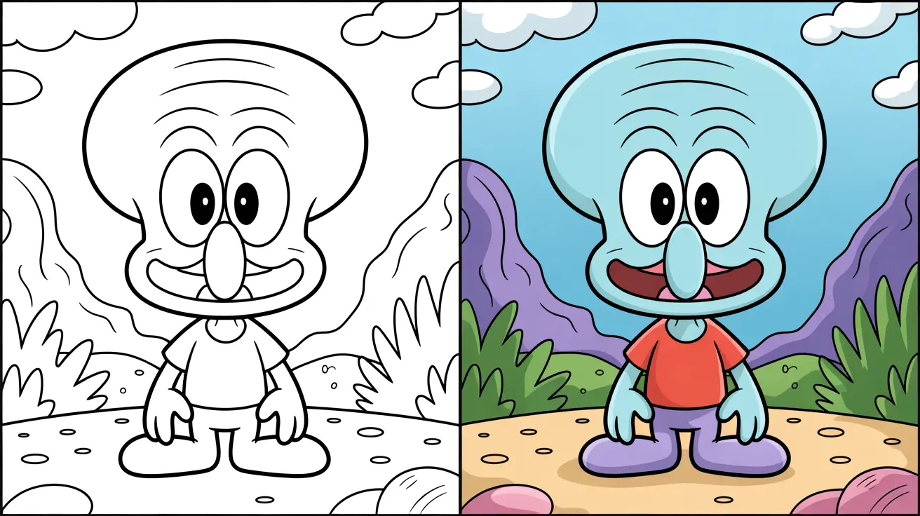 Squidward coloring page: a two-panel image showing the character in color and outline