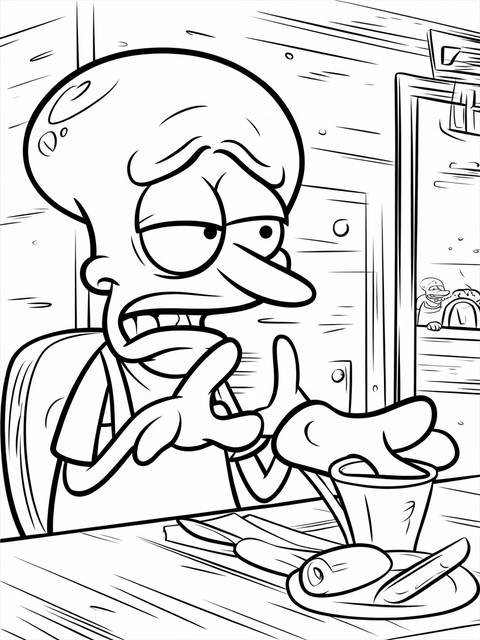 Squidward at the krusty krab coloring page, looking displeased at his meal