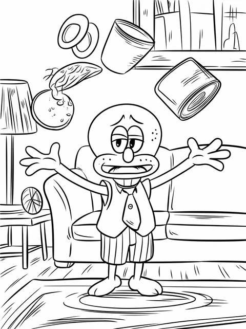 Squidward from spongebob squarepants attempting to juggle various objects in a room