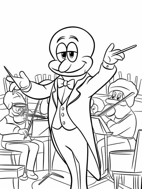 Squidward, dressed in a classic outfit, conducts an orchestra, a coloring page
