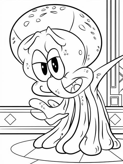 Line art of squidward from spongebob, engaged in a dramatic pose, ready to color