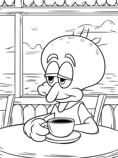 Squidward from spongebob enjoying a cup of coffee at a table, coloring page