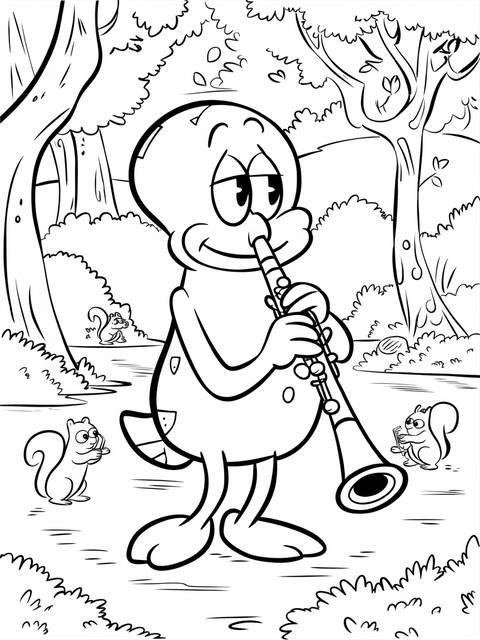 Squidward playing the clarinet, surrounded by squirrels, in a black and white coloring page