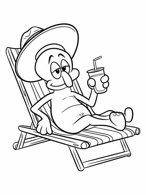 Squidward relaxing on a beach chair, holding a drink, wearing a hat