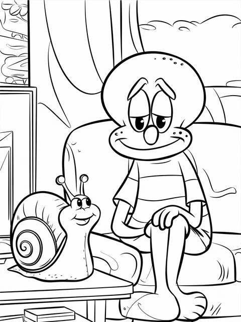 Coloring page featuring a cartoon character with a snail, possibly watching tv