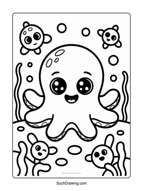 Black and white coloring page of a cartoon octopus and sea creatures