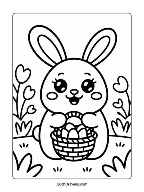 A cute easter bunny holding a basket of eggs, surrounded by flowers